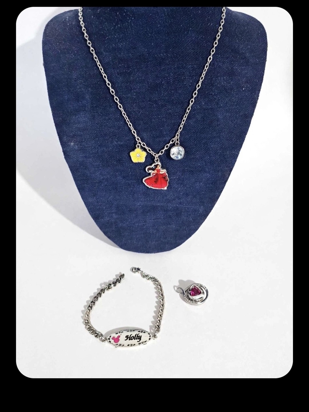 Disney Silver Necklace with Red Dress, Yellow Flower & Clear Charm